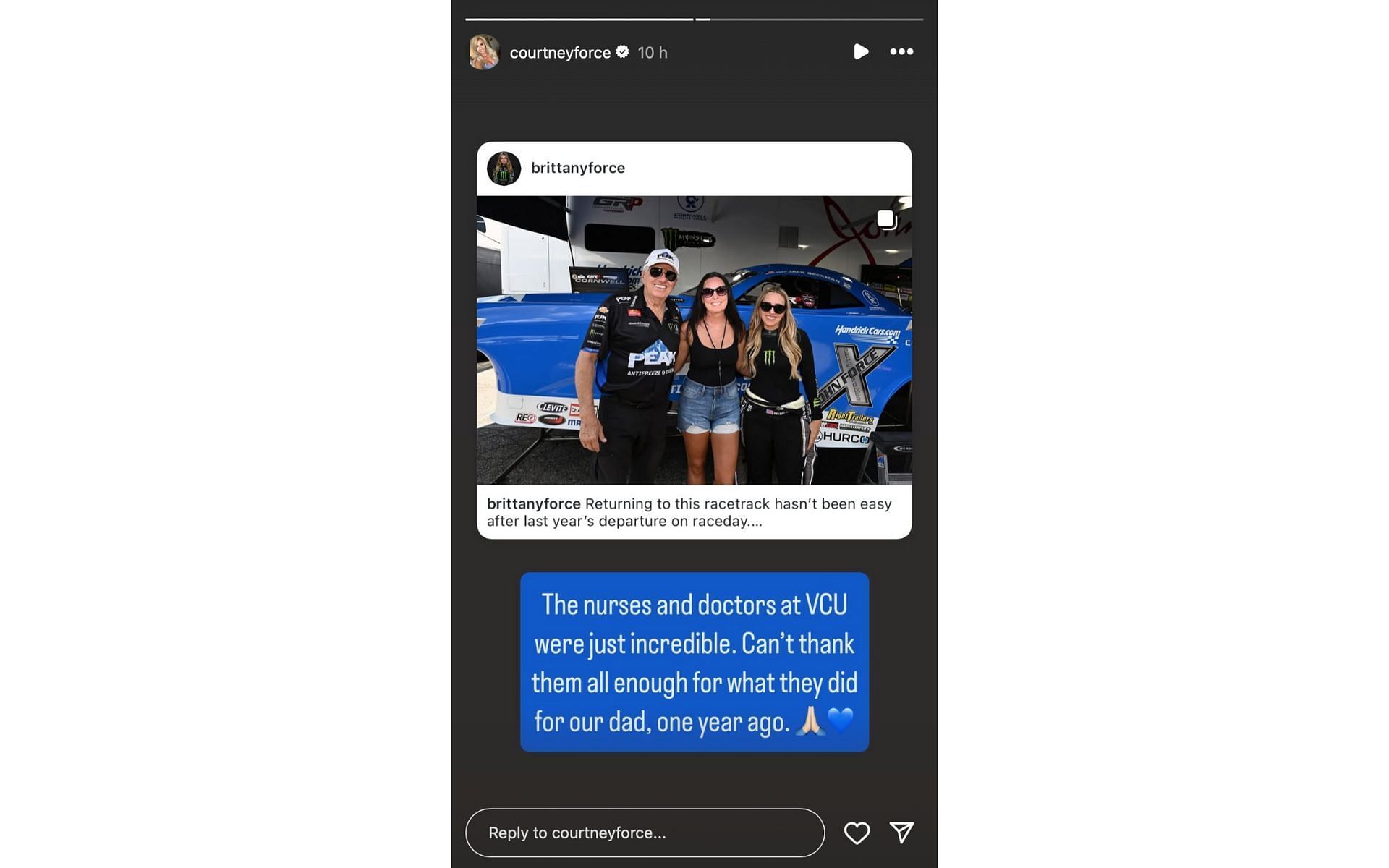 Courtney Force's Instagram story on June 21 | Source: Instagram/@courtneyforce